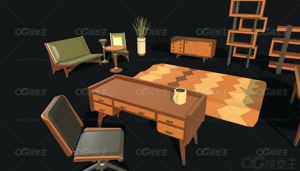 卡通 经典复古家具MAYA沙发茶几C4D办公老板椅桌子风格化lowpoly 模型-3