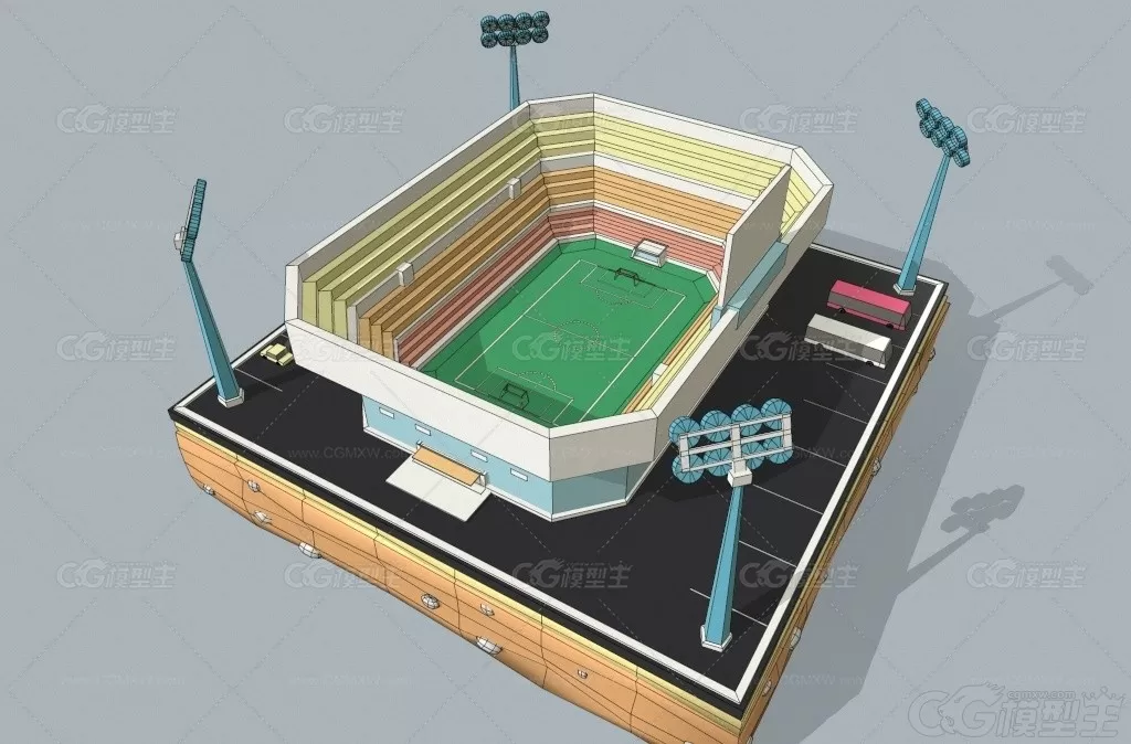 低面 城市体育馆C4D卡通体育场3D模型足球场风格化3Dlowpoly模型-4