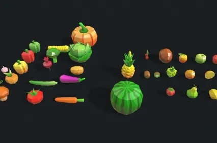 低面 蔬菜水果模型C4D西瓜南瓜黄瓜辣椒包菜玉米FBX菠萝西红柿风格化3Dlowpoly模型