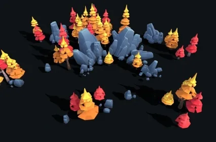 低面针叶树木模型C4D桦树松树Blender岩石堆FBX石头风格化lowpoly模型
