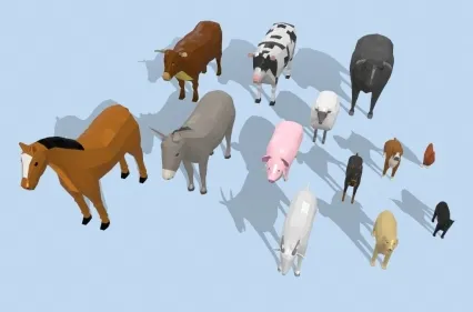 低面3D家禽模型C4D卡通动物Blender牛马驴奶牛MAX小猫狗猪羊鸡风格化3D lowpoly模型