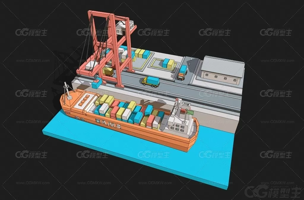 多边形风码头场景C4D风格化模型Blend游轮货柜卡车lowpoly风格化3D模型-4