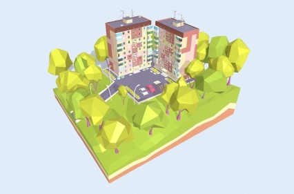 低面风 卡通半山公寓楼C4D可爱建筑楼房lowpoly风格化3D模型