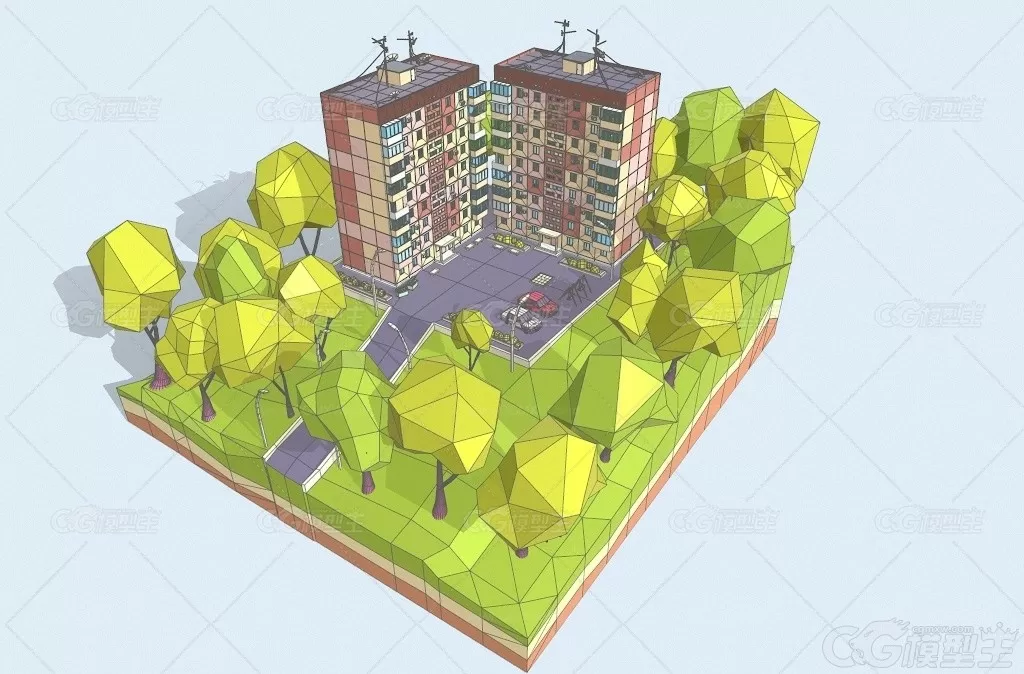 低面风 卡通半山公寓楼C4D可爱建筑楼房lowpoly风格化3D模型-4