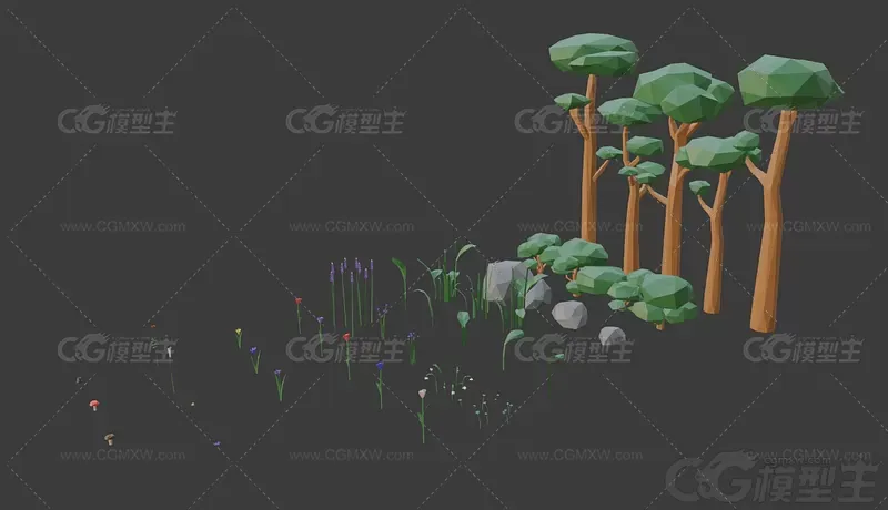 Low Poly 卡通低多边形 植物树木 野草野花 小花 小草3D模型-1