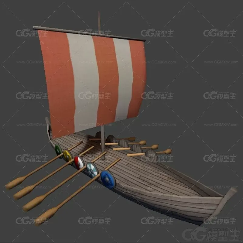 LowPoly 维京船 海盗船 木帆船 古代渔船 战船 3D模型-1