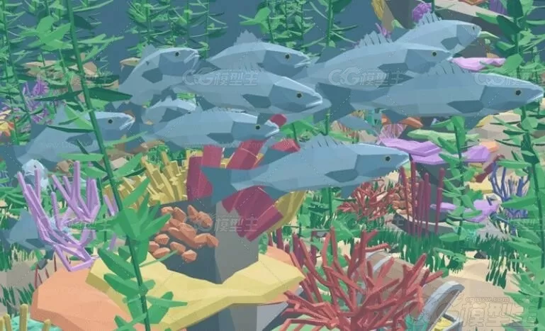 LOWPOLY低面 深海鱼群模型C4D卡通水族馆Blend海草红珊瑚鱼儿3D模型-2