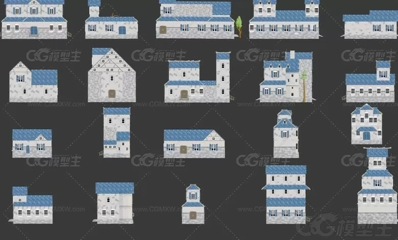 LOWPOLY低面 卡通建筑石屋模型C4D中世纪房子FBX酒馆OBJ屋顶mb瓦片3D模型-1