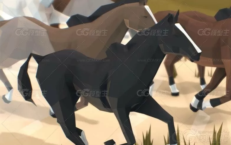 LOWPOLY 3D低面万马奔腾场景C4D卡通马匹马儿骏马卡通模型-3