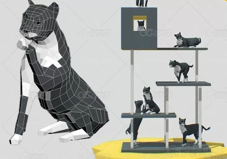 低面猫咪嬉闹3D场景模型C4D卡通小猫Blender可爱猫儿LOWPOLY卡通3D模型-1