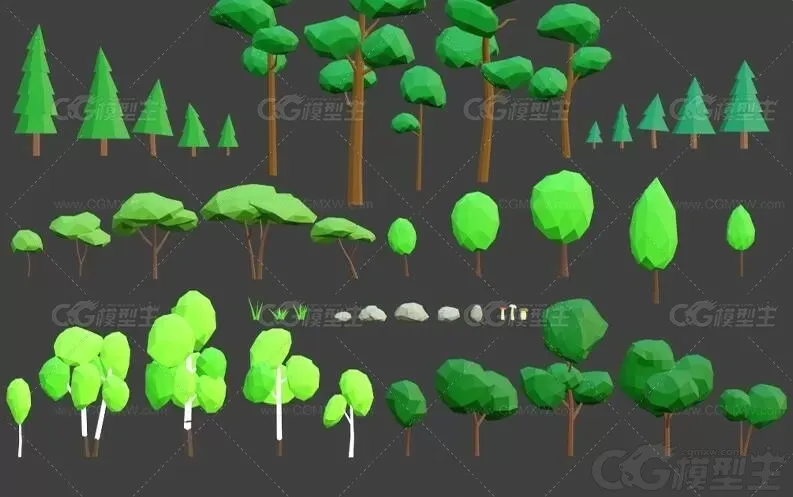 低面风树木合集Blender卡通植物小草蘑菇C4D岩石杉树桦树灌木LOWPOLY卡通3D模型-1