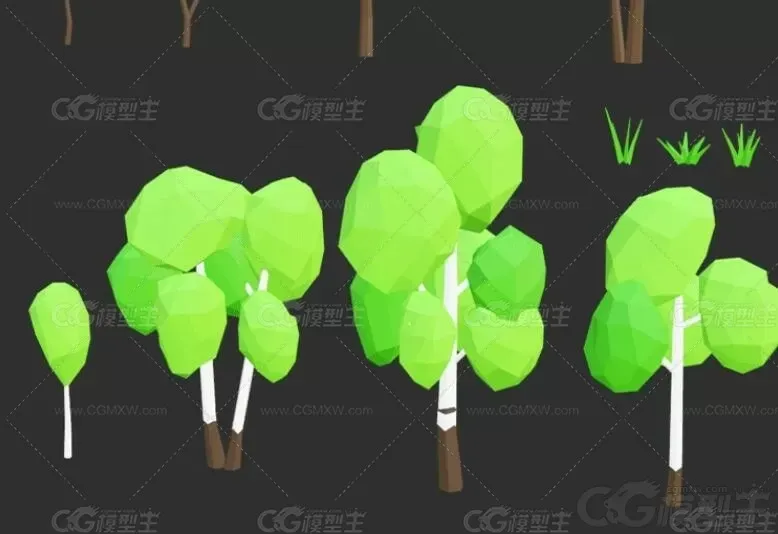 低面风树木合集Blender卡通植物小草蘑菇C4D岩石杉树桦树灌木LOWPOLY卡通3D模型-3