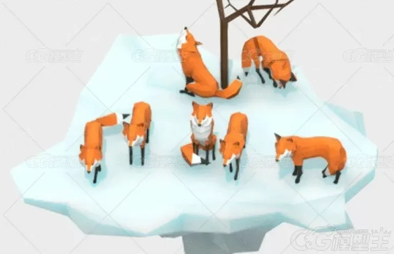 低面卡通狐狸模型C4D可爱小动物 银狐 狐狸 LOWPOLY卡通3D模型-2