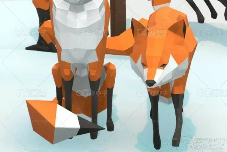 低面卡通狐狸模型C4D可爱小动物 银狐 狐狸 LOWPOLY卡通3D模型-3