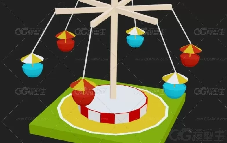 低面游乐场模型C4D卡通游乐园场景MAX摩天轮木马过山车LOWPOLY卡通3D模型-5