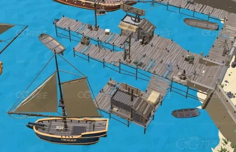 低面中世纪海岛港口3D模型C4D卡通复古别墅欧式建筑MAX海贼船海盗船LOWPOLY卡通3D模型-3