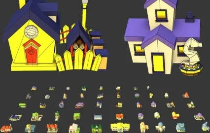 低面LOWPOLY风格Blend卡通建筑包C4D房子民房住宅LOWPOLY卡通3D模型