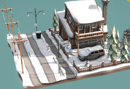 LOWPOLY卡通雪景场景MAX低面模型MAYA住宅建筑雪人路灯电线杆卡通3D模型