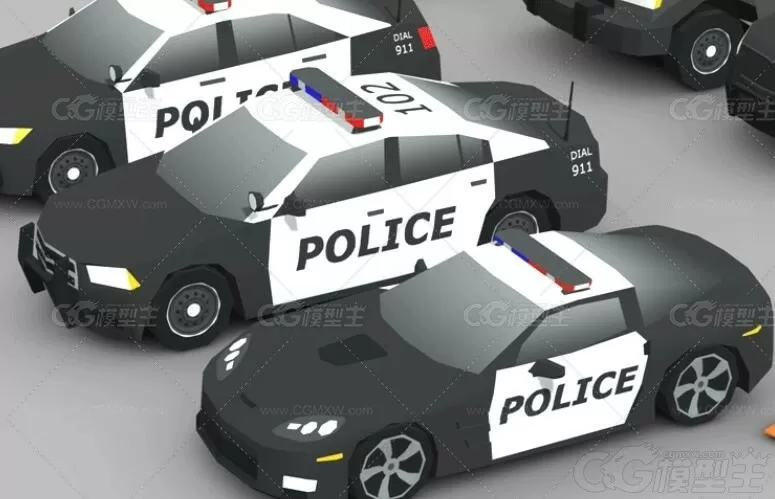 低面警车3D模型C4D安防警察车Blender路障警示FBX三维设计素材LOWPOLY卡通3D模型-3