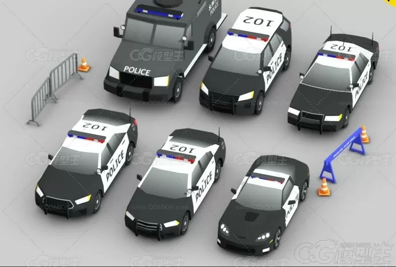 低面警车3D模型C4D安防警察车Blender路障警示FBX三维设计素材LOWPOLY卡通3D模型-1