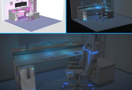 低面男生女生电竞房间模型C4D卡通电脑房主机电脑桌椅Lowpoly卡通3D模型