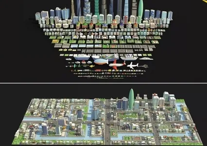 卡通低面资产C4D现代城市场景FBX地标建筑台北101商店道路车辆Lowpoly卡通3D模型