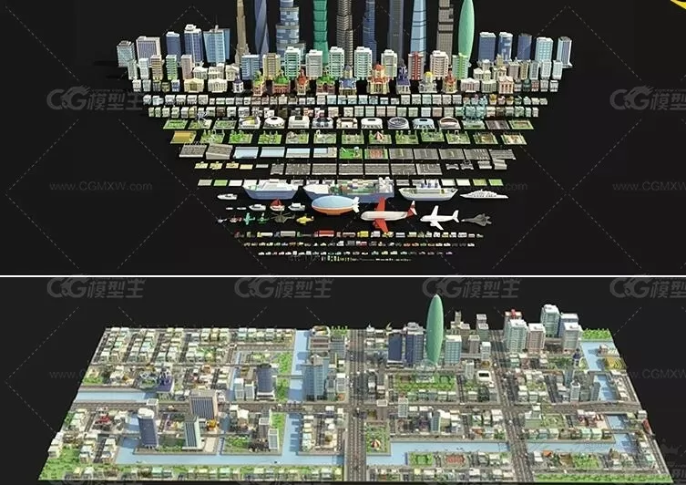 卡通低面资产C4D现代城市场景FBX地标建筑台北101商店道路车辆Lowpoly卡通3D模型-1