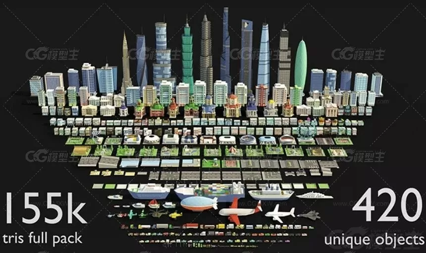 卡通低面资产C4D现代城市场景FBX地标建筑台北101商店道路车辆Lowpoly卡通3D模型-2