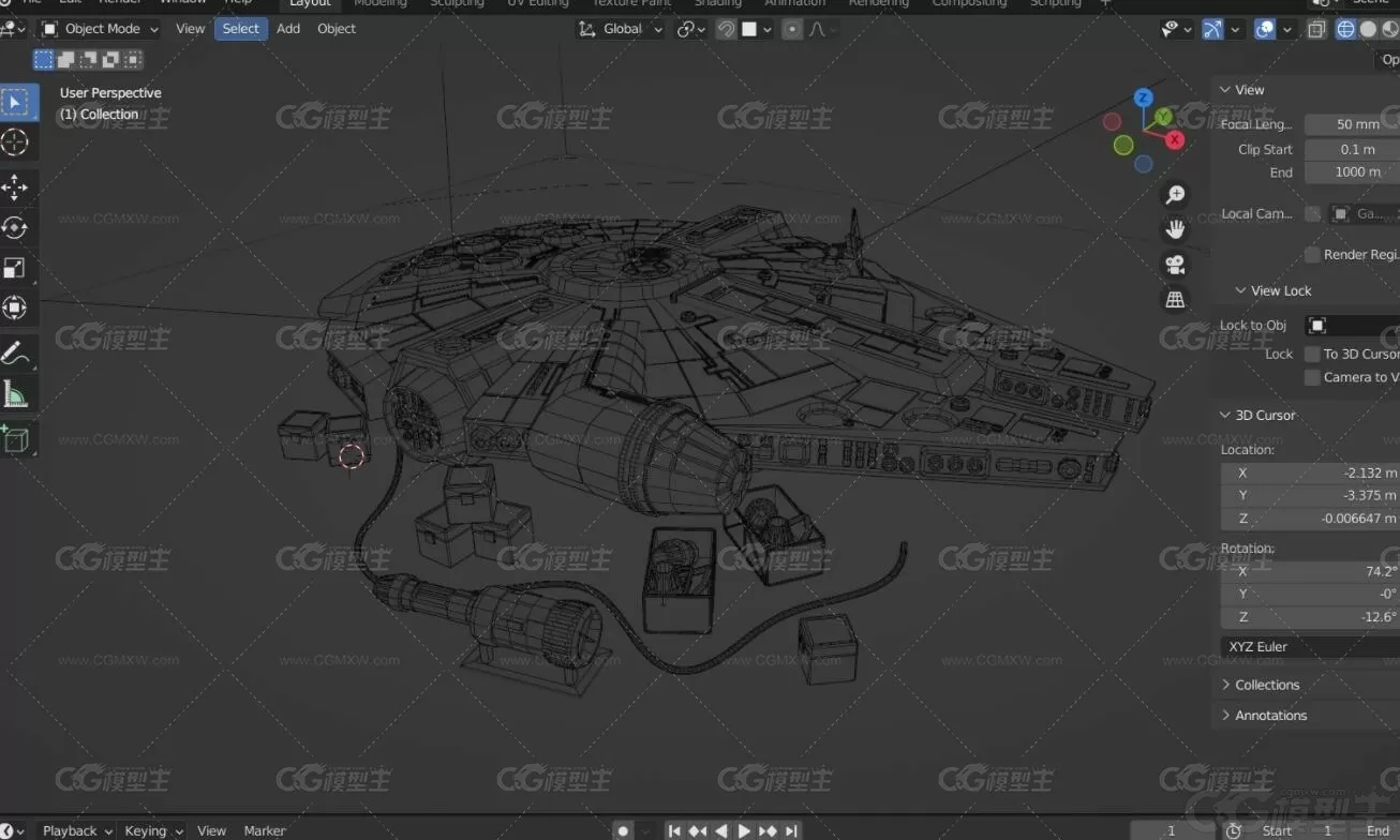 LOWPOLY星际飞船Blender卡通宇宙战舰FBX低面风OBJ建模渲染3D素材-3