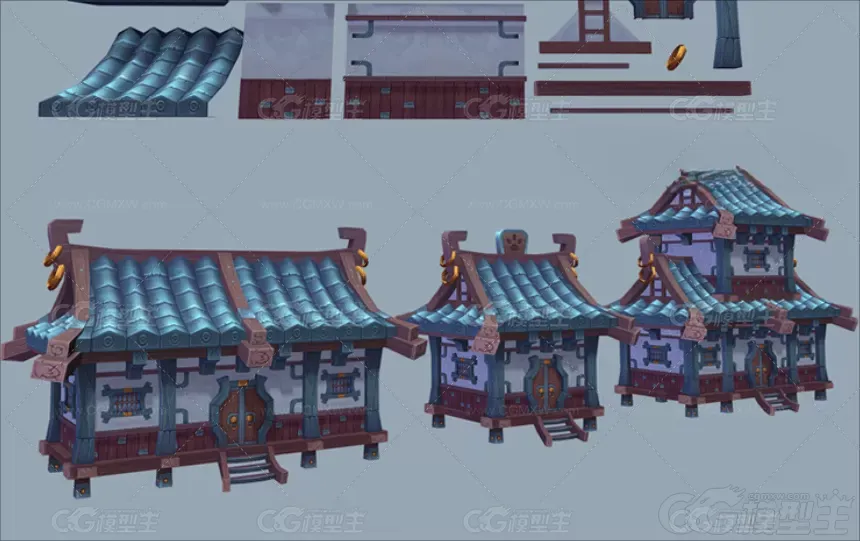 手绘风格模型 奇幻房屋建筑 中国风古建筑 民房 阁楼 古楼模块Lowpoly卡通3D模型-2