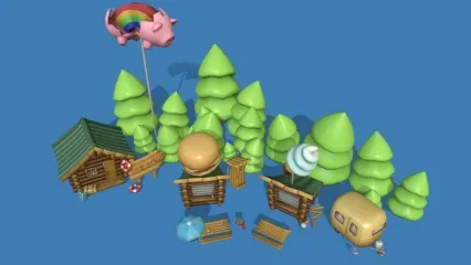 Q版 露营野餐资产Blender沙滩木屋C4D树木桌子烧烤架Lowpoly卡通3D模型