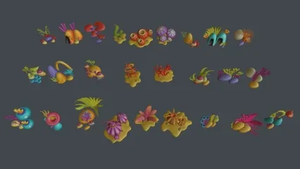 Q版 海藻上集Blender海洋水族馆珊瑚海草岩石Lowpoly卡通3D模型