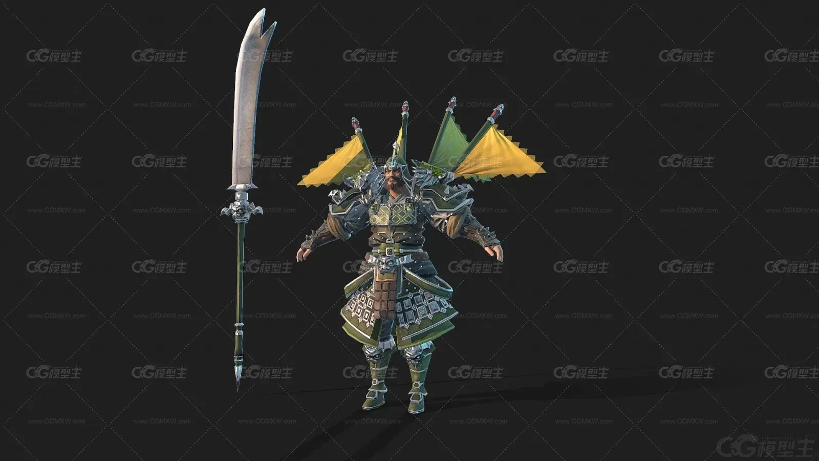 次时代写实古装旗令官 武官 三国 古代将军 武将 战士 国风角色 盔甲将军 3D模型-4