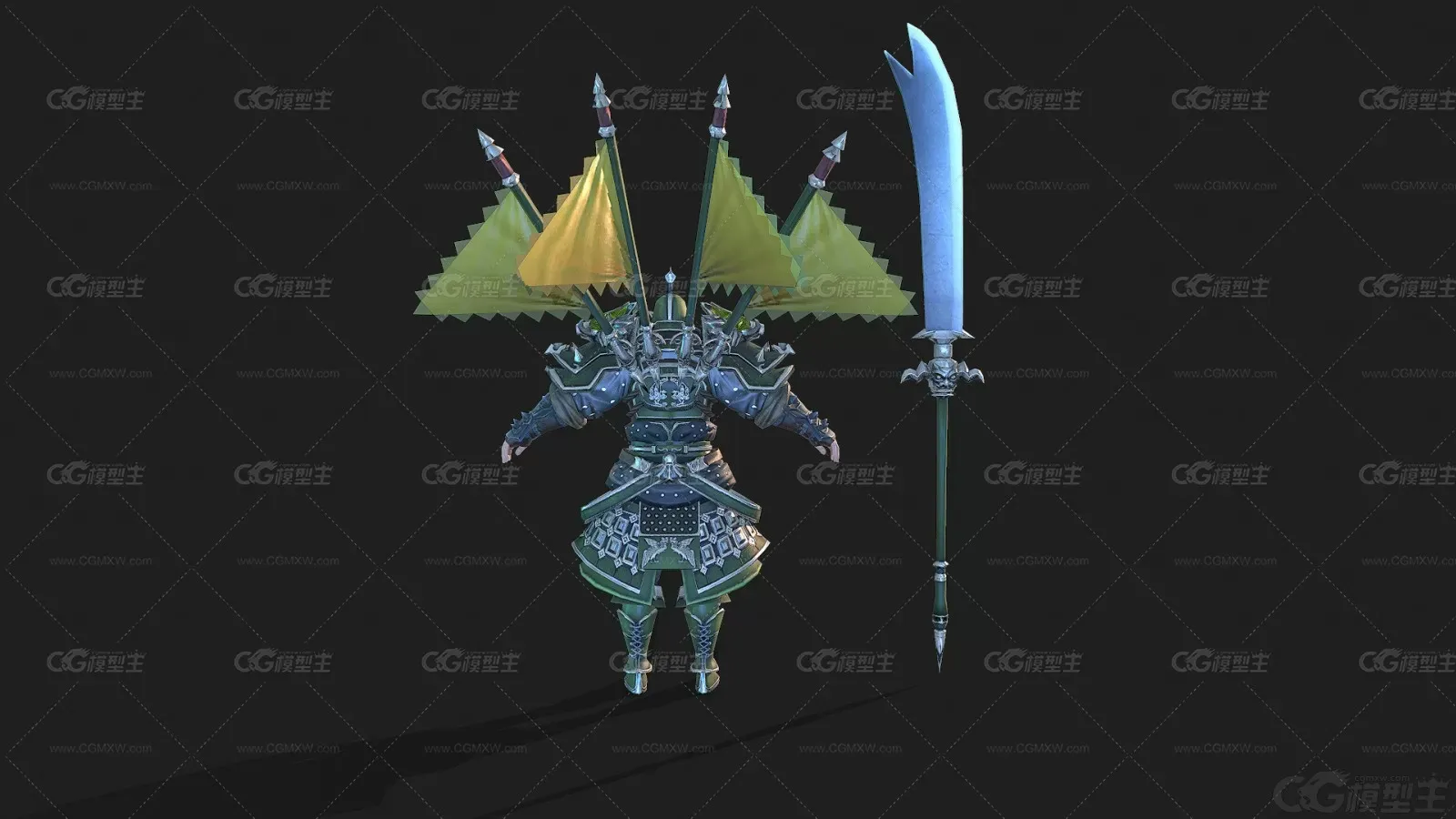 次时代写实古装旗令官 武官 三国 古代将军 武将 战士 国风角色 盔甲将军 3D模型-5