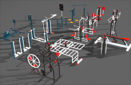 卡通健身设备C4D公园乐园休闲运动设施 健身器材Lowpoly卡通3D模型