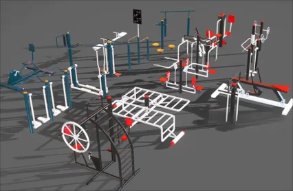 卡通健身设备C4D公园乐园休闲运动设施 健身器材Lowpoly卡通3D模型