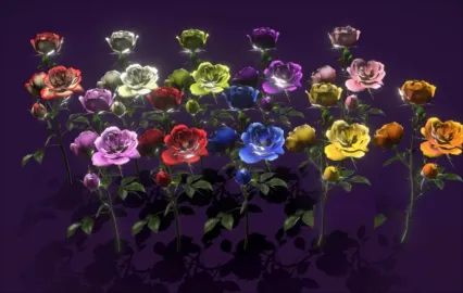 10朵卡通玫瑰花模型C4D情人节红黄粉蓝色鲜花Lowpoly卡通3D模型
