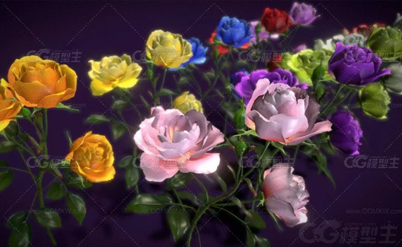 10朵卡通玫瑰花模型C4D情人节红黄粉蓝色鲜花Lowpoly卡通3D模型-2