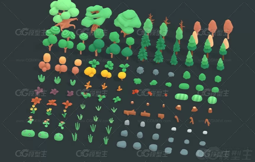Q版花草树木Blender灌木自然资产包C4D模型Lowpoly卡通3D模型-1