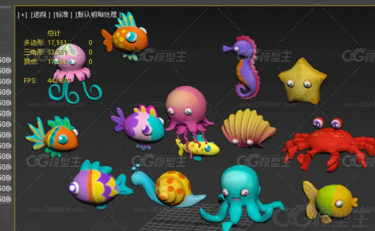 Q版 海洋生物包MAX模型C4D鱼儿Blend墨鱼海马螃蟹贝壳Lowpoly卡通3D模型-2