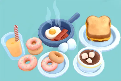卡通 食品早餐Blender甜甜圈煎蛋面包咖啡果汁Lowpoly卡通3D模型