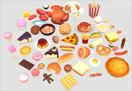 卡通食物Blend模型C4D鱼虾马卡龙曲奇蛋糕面包面条Lowpoly卡通3D模型