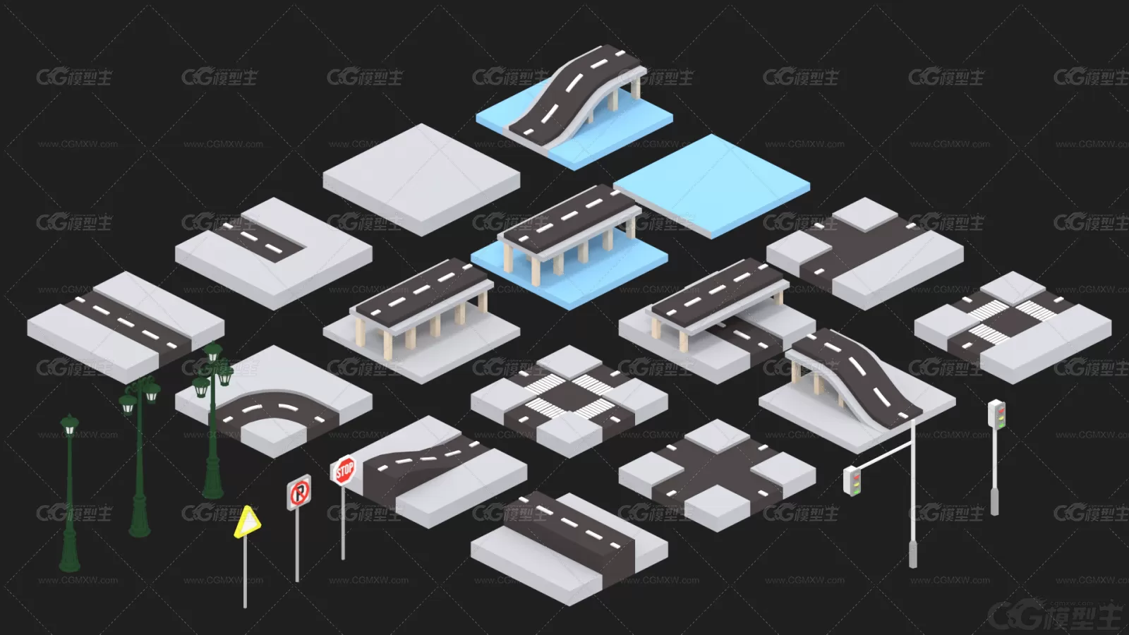 低模城市道路包公路道路马路路段路灯红绿灯十字路口高架桥高速公路Lowpoly卡通3D模型-1