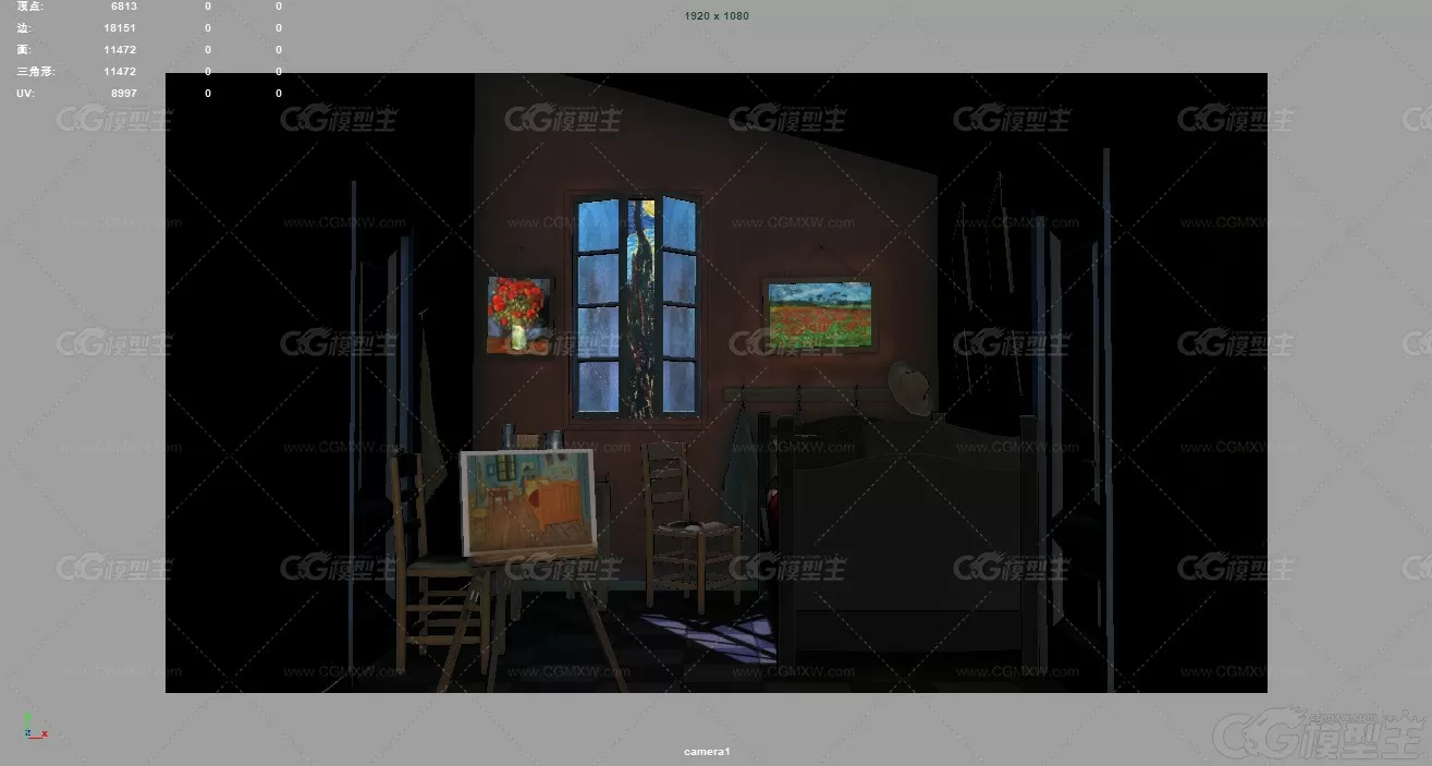 梵高卧室 卡通房间 梵高 星月夜 油画 房间 夜晚卧室 夜晚3D模型-2