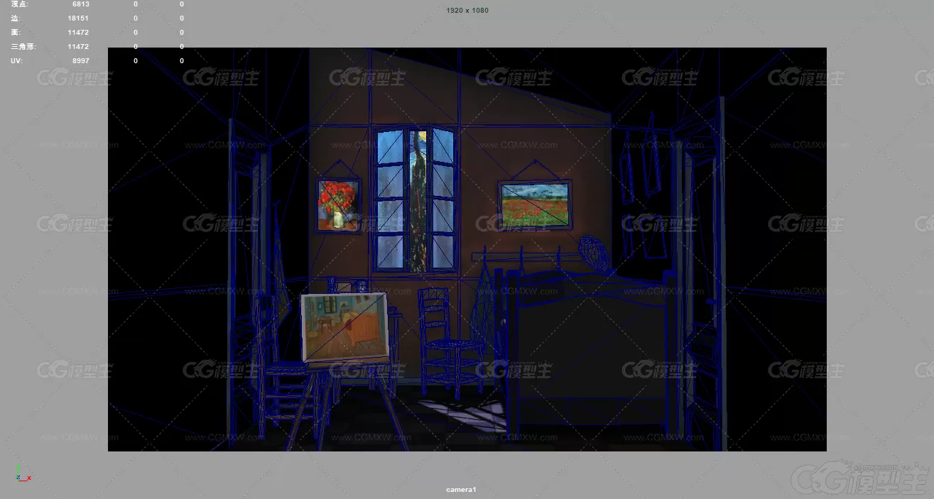 梵高卧室 卡通房间 梵高 星月夜 油画 房间 夜晚卧室 夜晚3D模型-3