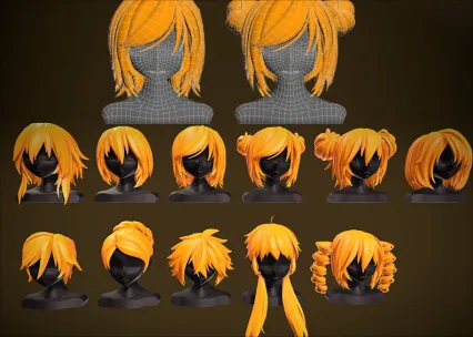 动漫风女孩头发C4D短发发型 头发Blender可爱FBX OBJ格式Lowpoly卡通3D模型