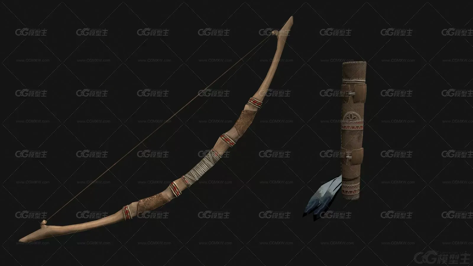 古代木弓箭 弓箭袋 弓箭 弩箭 弓弩 弓 木制弓箭 打猎弓3D模型-1