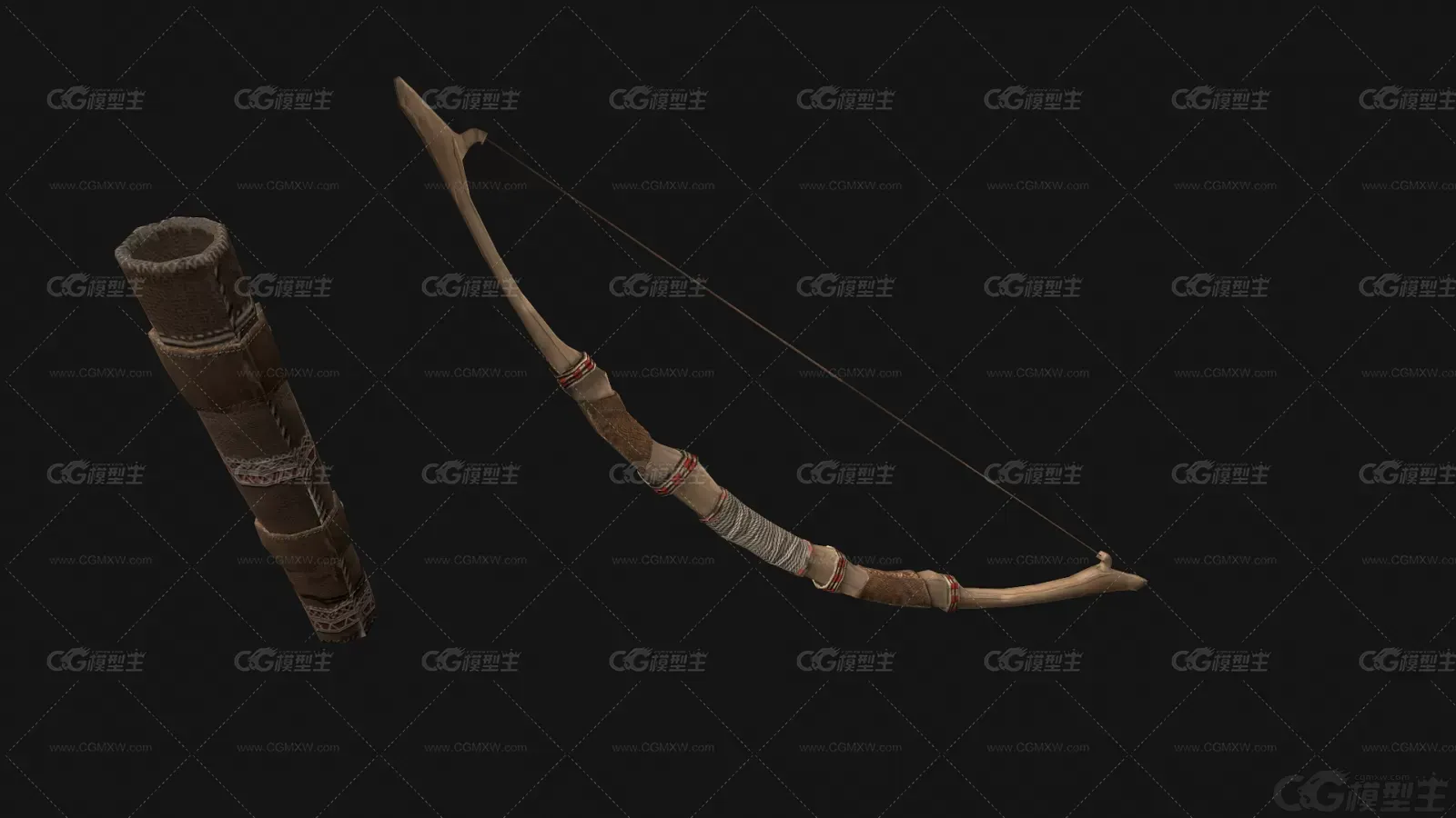 古代木弓箭 弓箭袋 弓箭 弩箭 弓弩 弓 木制弓箭 打猎弓3D模型-2