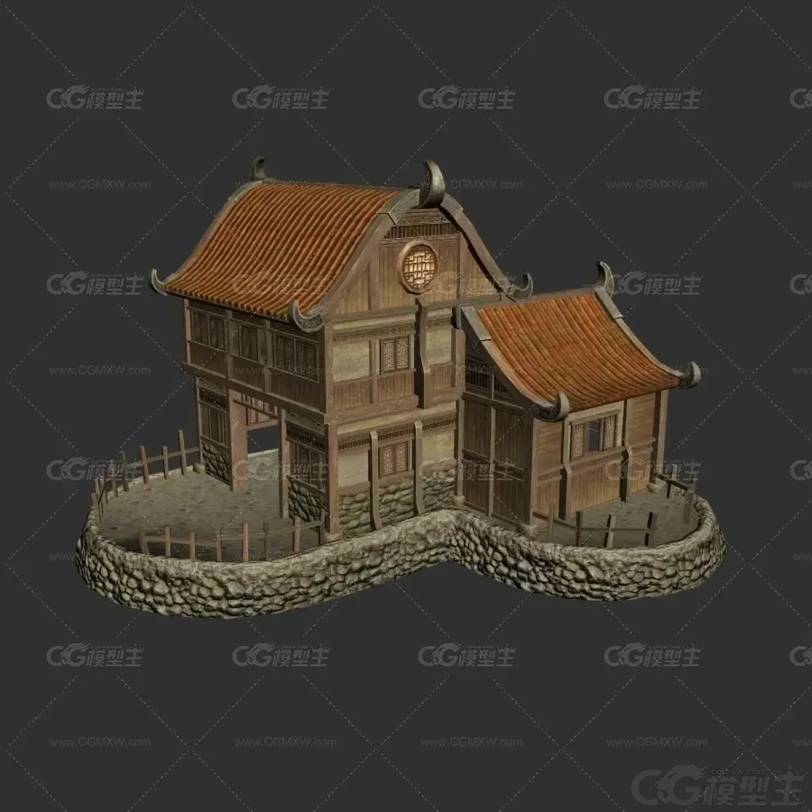 古建 新中式建筑 石头房子 别墅 古建筑 古代房子 院落 瓦房建筑3D模型-1