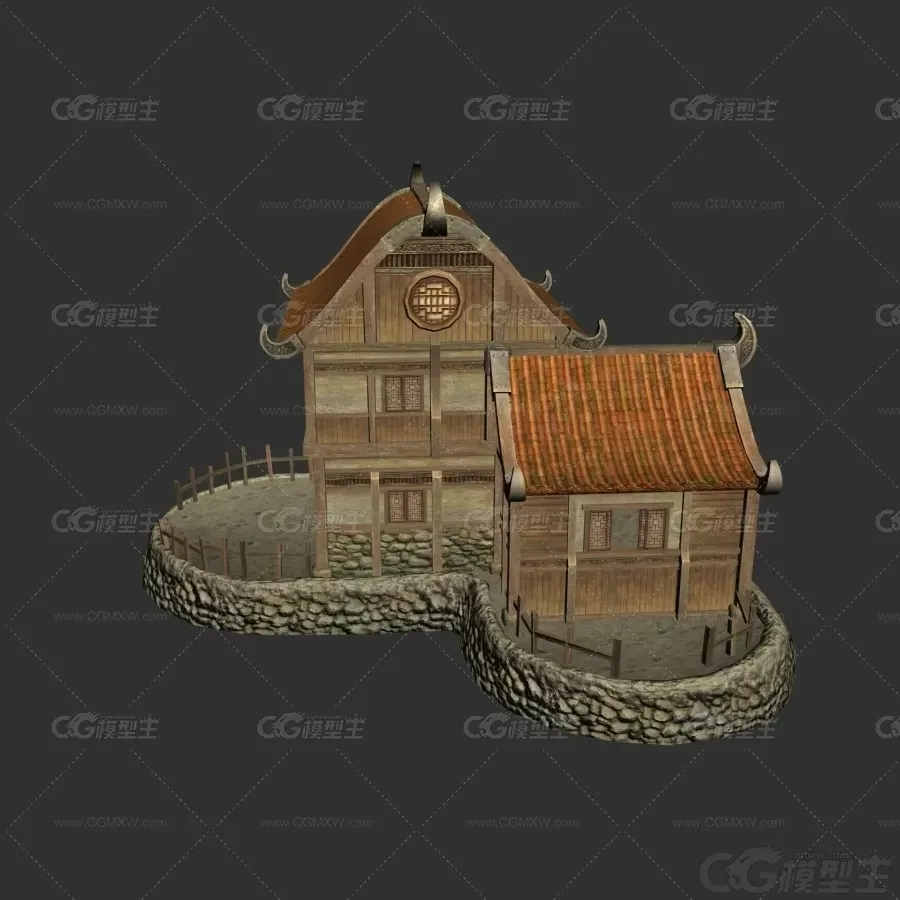 古建 新中式建筑 石头房子 别墅 古建筑 古代房子 院落 瓦房建筑3D模型-2